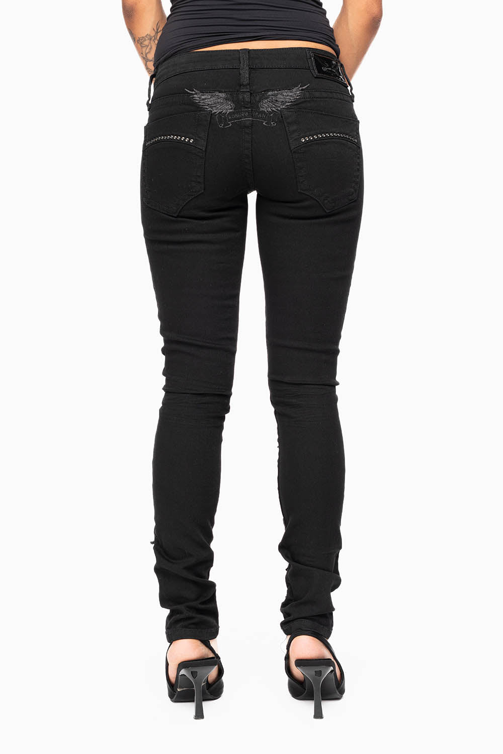 MARILYN WOMENS DISTRESSED & REPAIRED  SKINNY JEANS IN BLACK EMBELLISHED WITH STUDS &  CRYSTALS