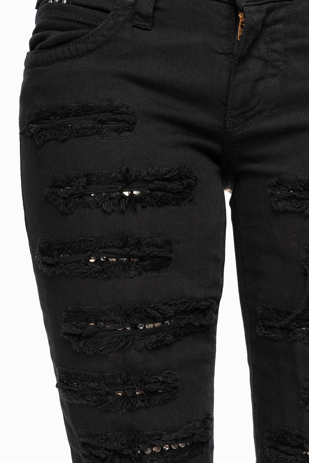 MARILYN WOMENS DISTRESSED & REPAIRED  SKINNY JEANS IN BLACK EMBELLISHED WITH STUDS &  CRYSTALS
