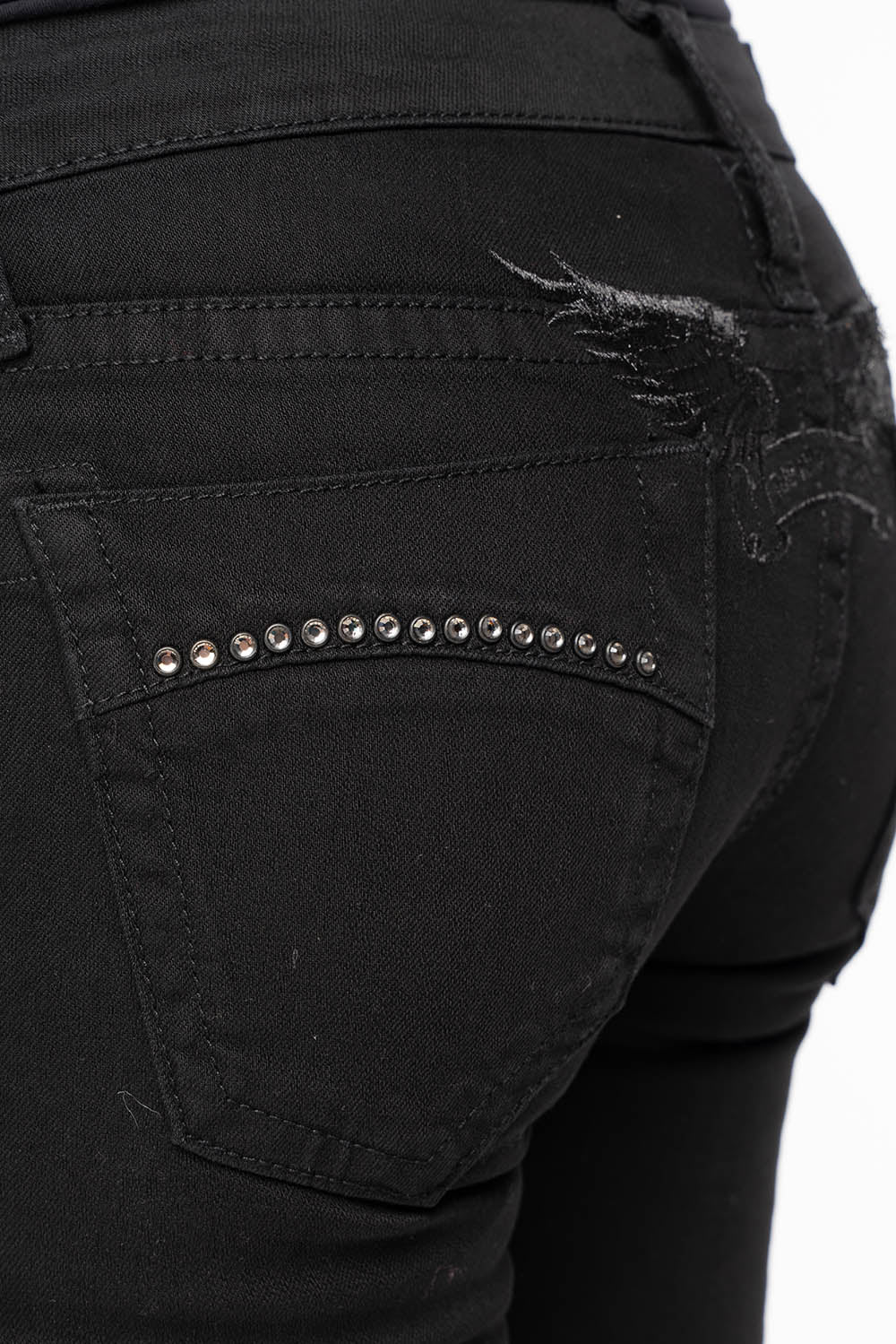 MARILYN WOMENS DISTRESSED & REPAIRED  SKINNY JEANS IN BLACK EMBELLISHED WITH STUDS &  CRYSTALS