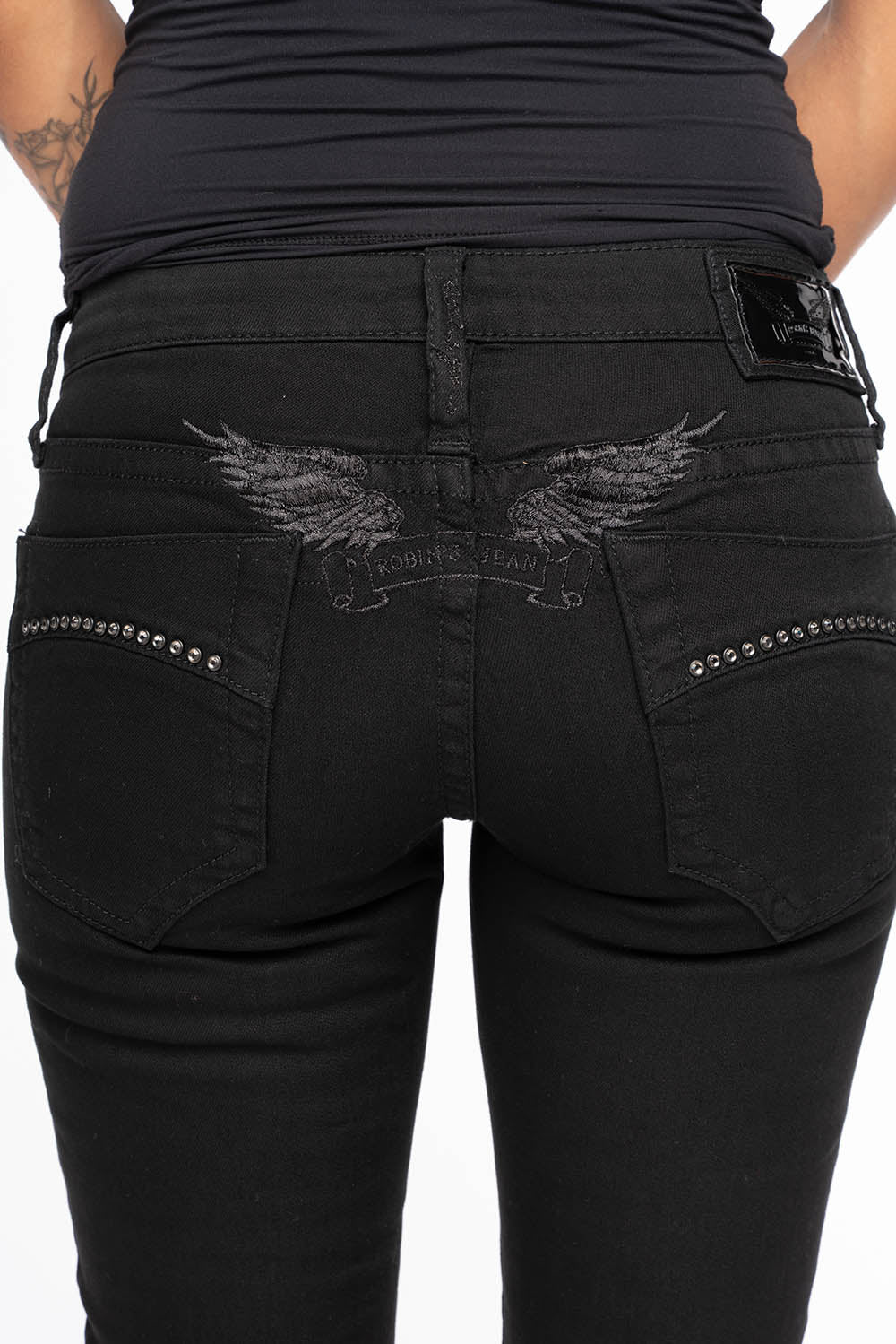 MARILYN WOMENS DISTRESSED & REPAIRED  SKINNY JEANS IN BLACK EMBELLISHED WITH STUDS &  CRYSTALS