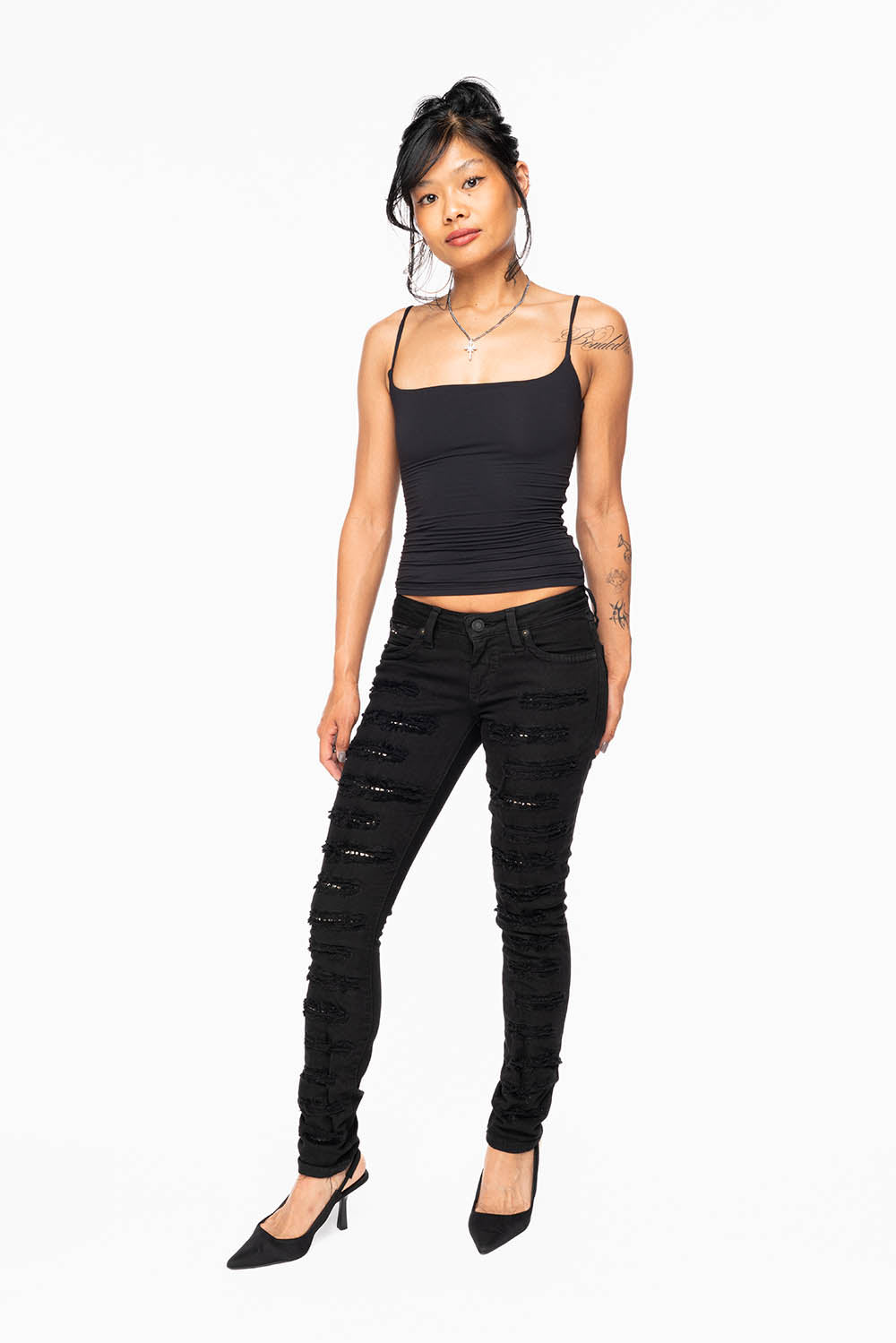 MARILYN WOMENS DISTRESSED & REPAIRED  SKINNY JEANS IN BLACK EMBELLISHED WITH STUDS &  CRYSTALS