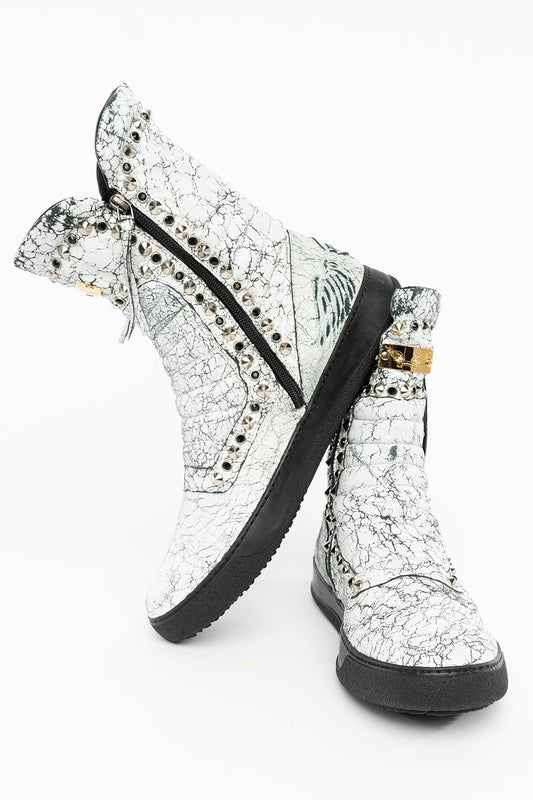 MENS HIGH TOP BIKER SHOES IN CRACKLED WHITE LEATHER WITH  CRYSTALS AND SPIKE EMBELLISHMENT