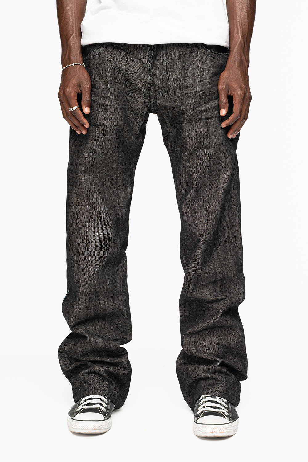 ROBIN’S BOOT CUT JEAN IN RAW BLK DENIM WITH WITH EMBROIDERED WING LOGO ON BACK POCKETS WITH CRYSTALS