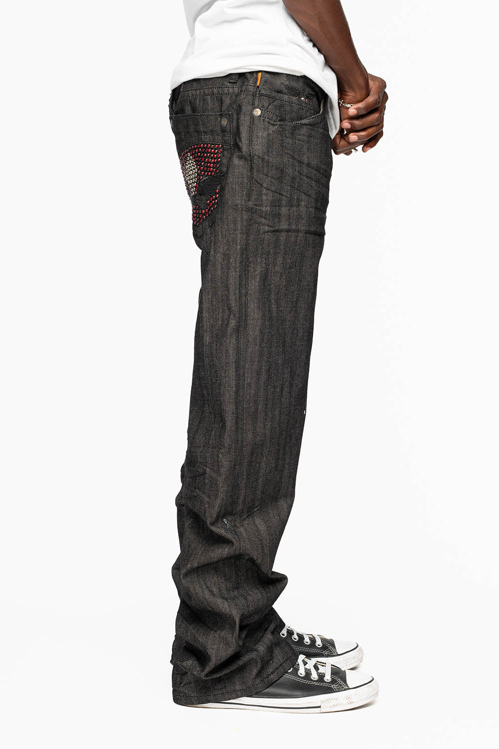 ROBIN’S BOOT CUT JEAN IN RAW BLK DENIM WITH WITH EMBROIDERED WING LOGO ON BACK POCKETS WITH CRYSTALS