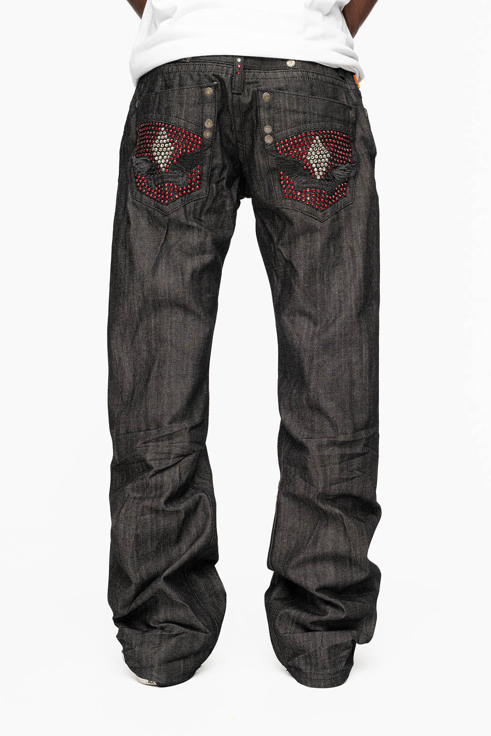 ROBIN’S BOOT CUT JEAN IN RAW BLK DENIM WITH WITH EMBROIDERED WING LOGO ON BACK POCKETS WITH CRYSTALS