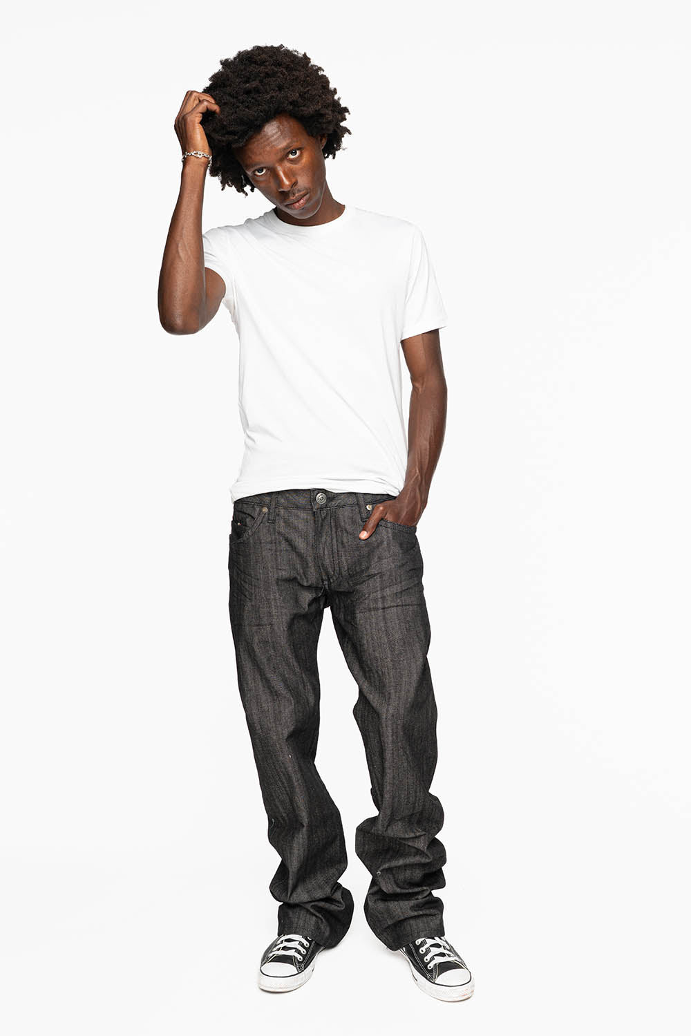 ROBIN’S BOOT CUT JEAN IN RAW BLK DENIM WITH WITH EMBROIDERED WING LOGO ON BACK POCKETS WITH CRYSTALS