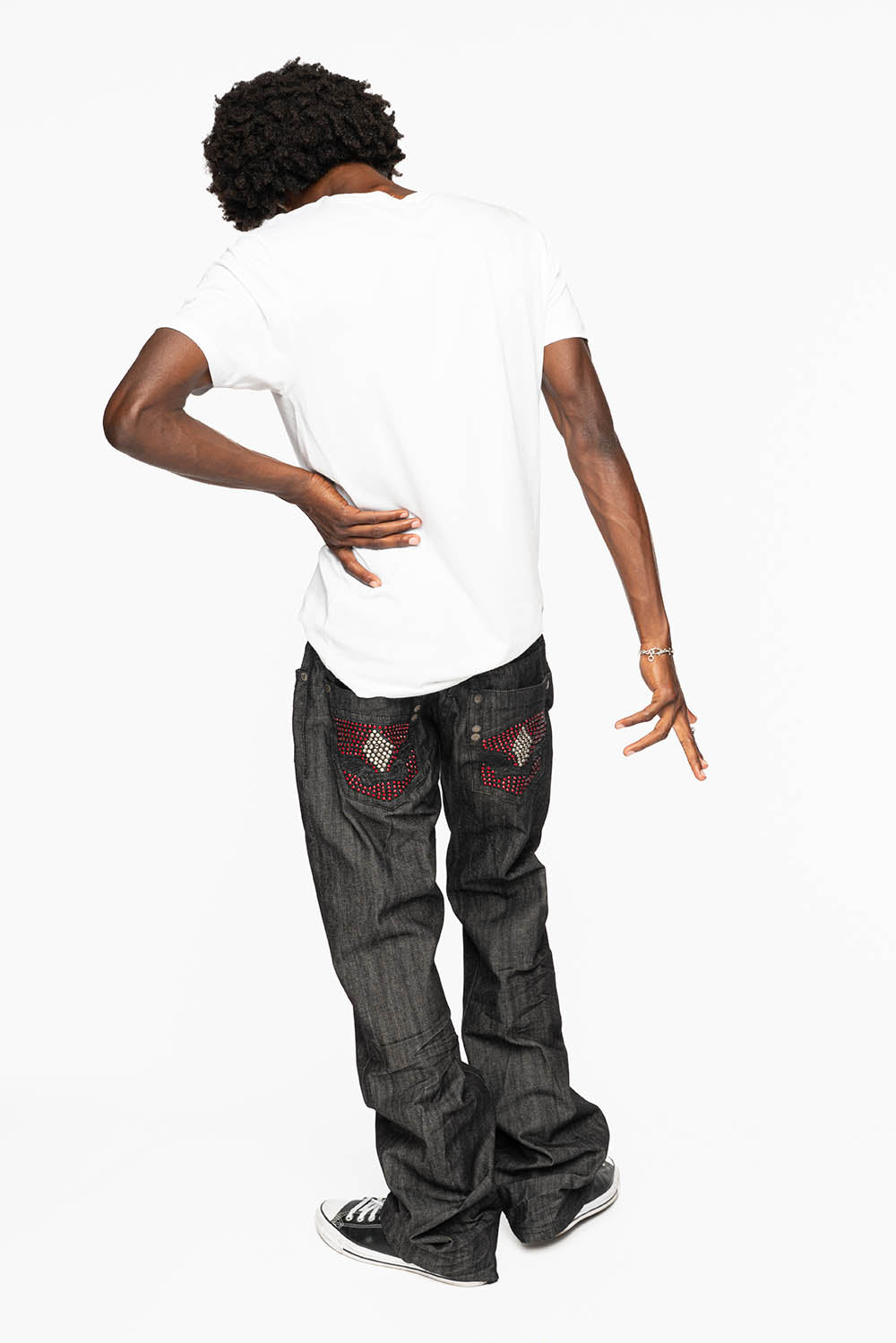 ROBIN’S BOOT CUT JEAN IN RAW BLK DENIM WITH WITH EMBROIDERED WING LOGO ON BACK POCKETS WITH CRYSTALS