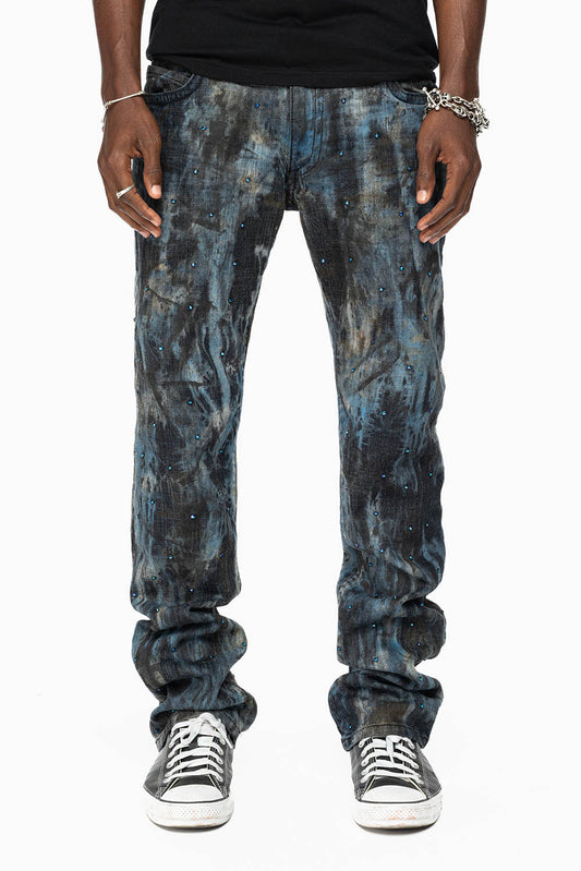 MENS LONG FLAP BOOT CUT JEANS IN BABA BLUE WASH WITH CRYSTALS AND STUDS