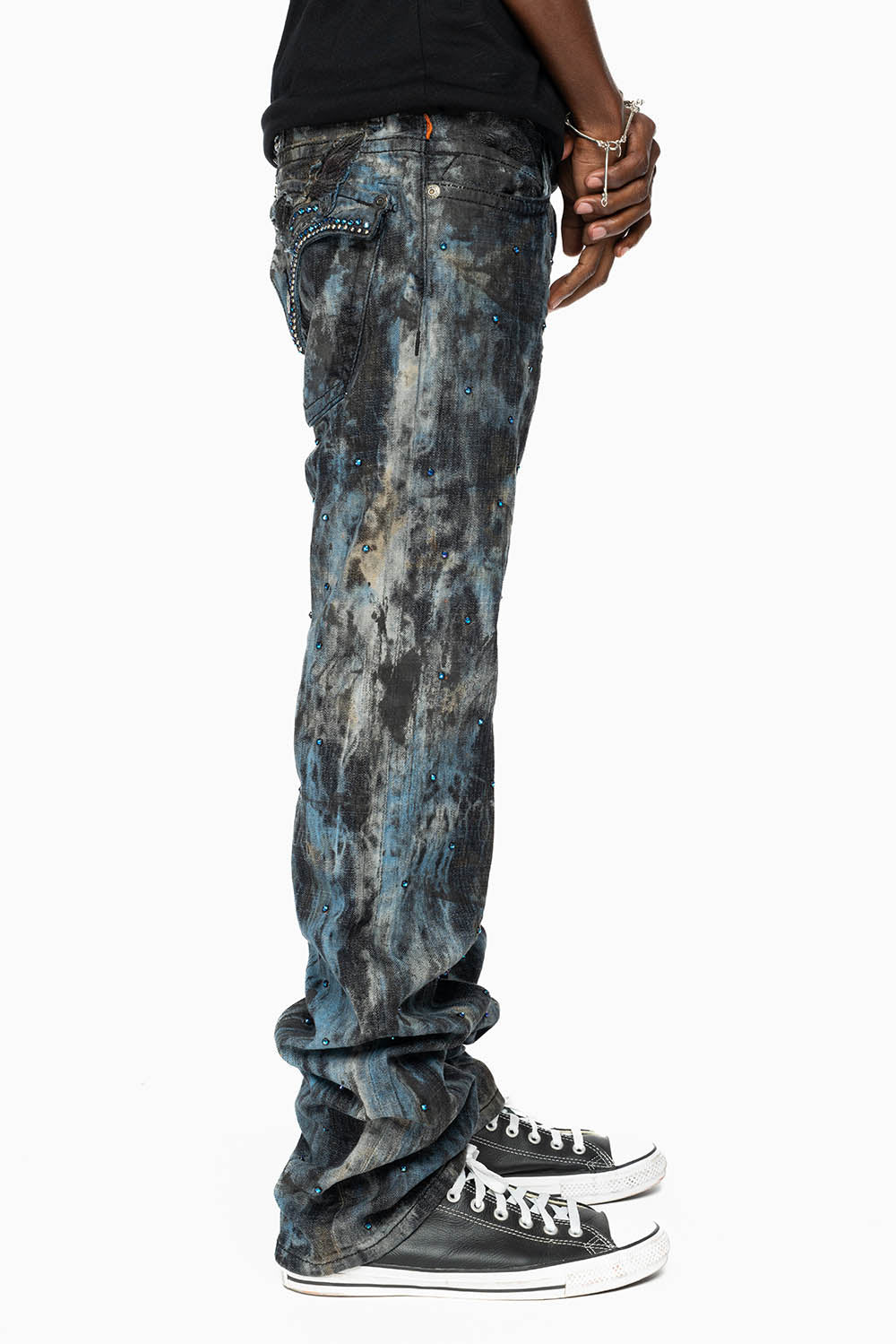 MENS LONG FLAP BOOT CUT JEANS IN BABA BLUE WASH WITH CRYSTALS AND STUDS