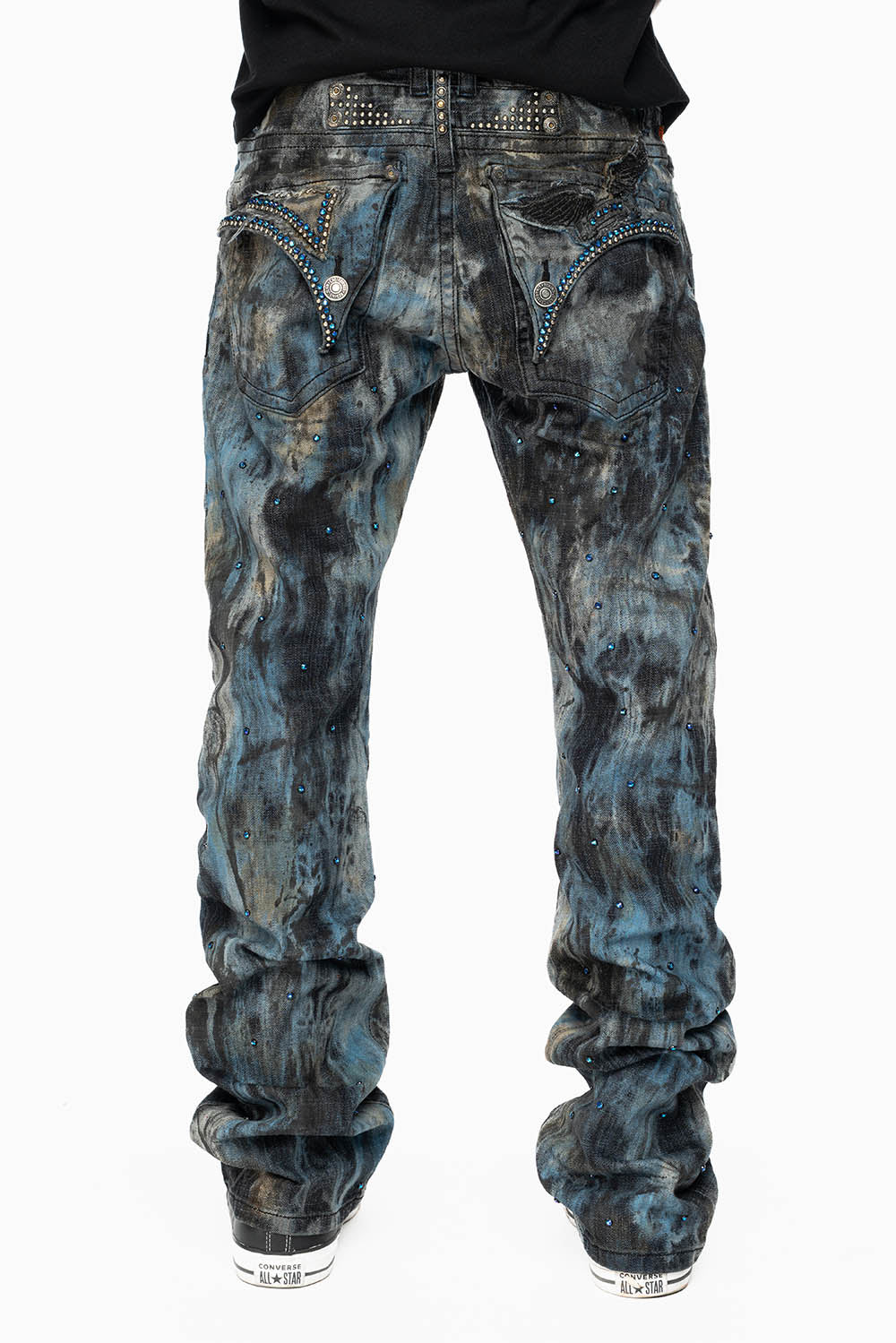 MENS LONG FLAP BOOT CUT JEANS IN BABA BLUE WASH WITH CRYSTALS AND STUDS