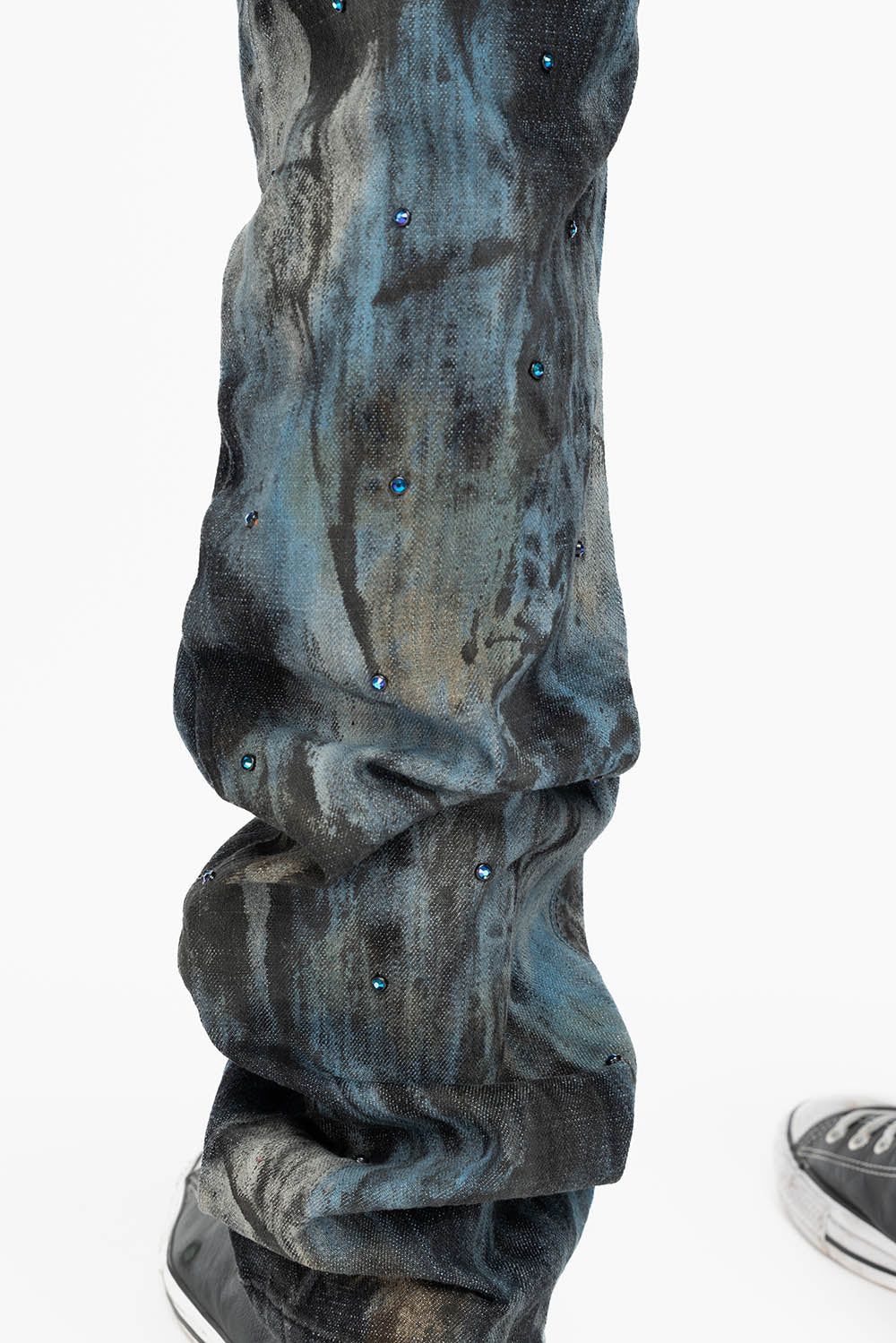 MENS LONG FLAP BOOT CUT JEANS IN BABA BLUE WASH WITH CRYSTALS AND STUDS