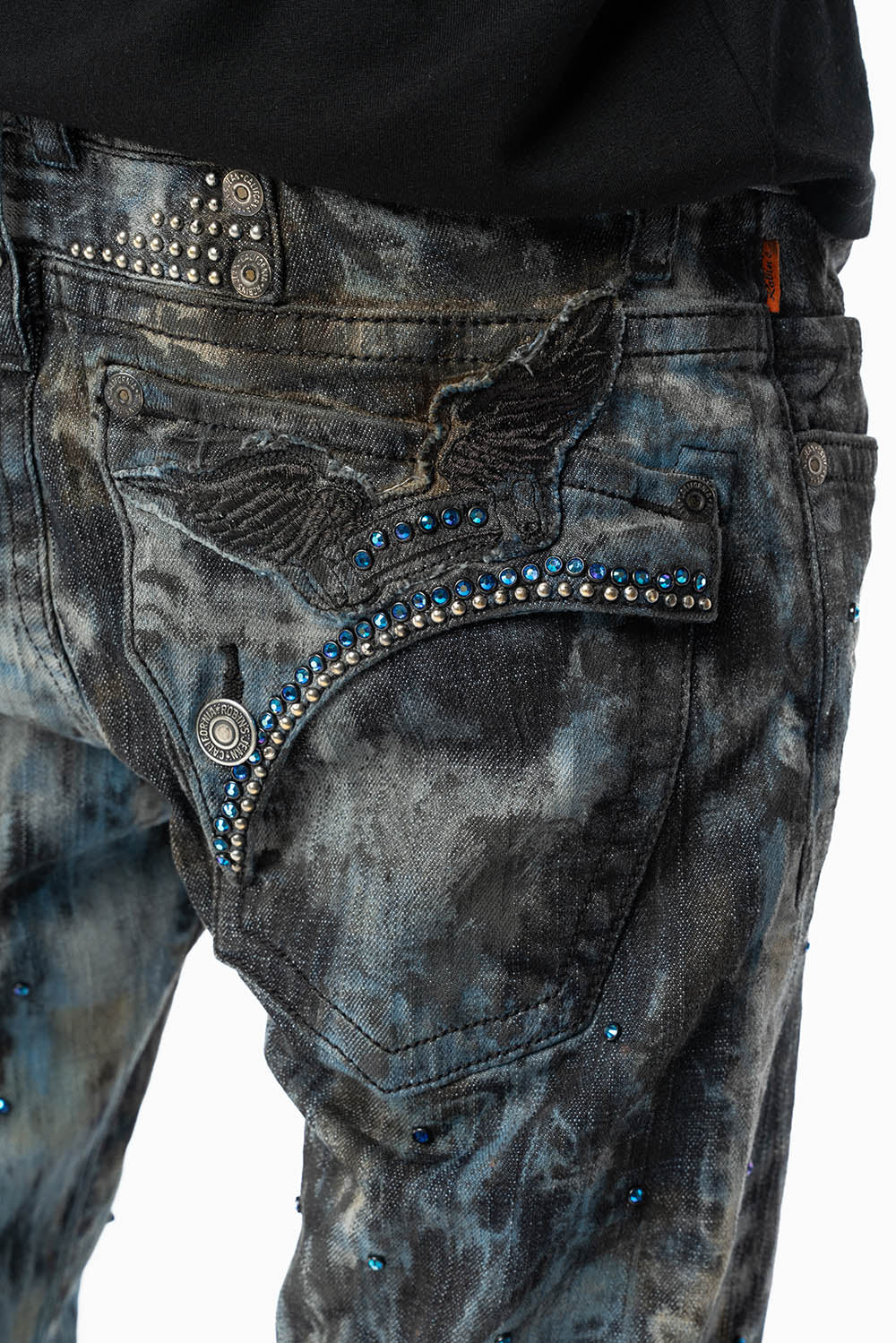 MENS LONG FLAP BOOT CUT JEANS IN BABA BLUE WASH WITH CRYSTALS AND STUDS