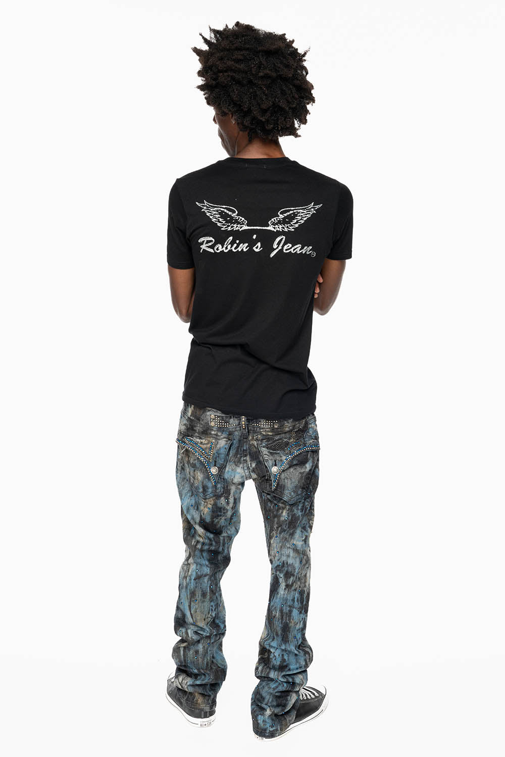 MENS LONG FLAP BOOT CUT JEANS IN BABA BLUE WASH WITH CRYSTALS AND STUDS