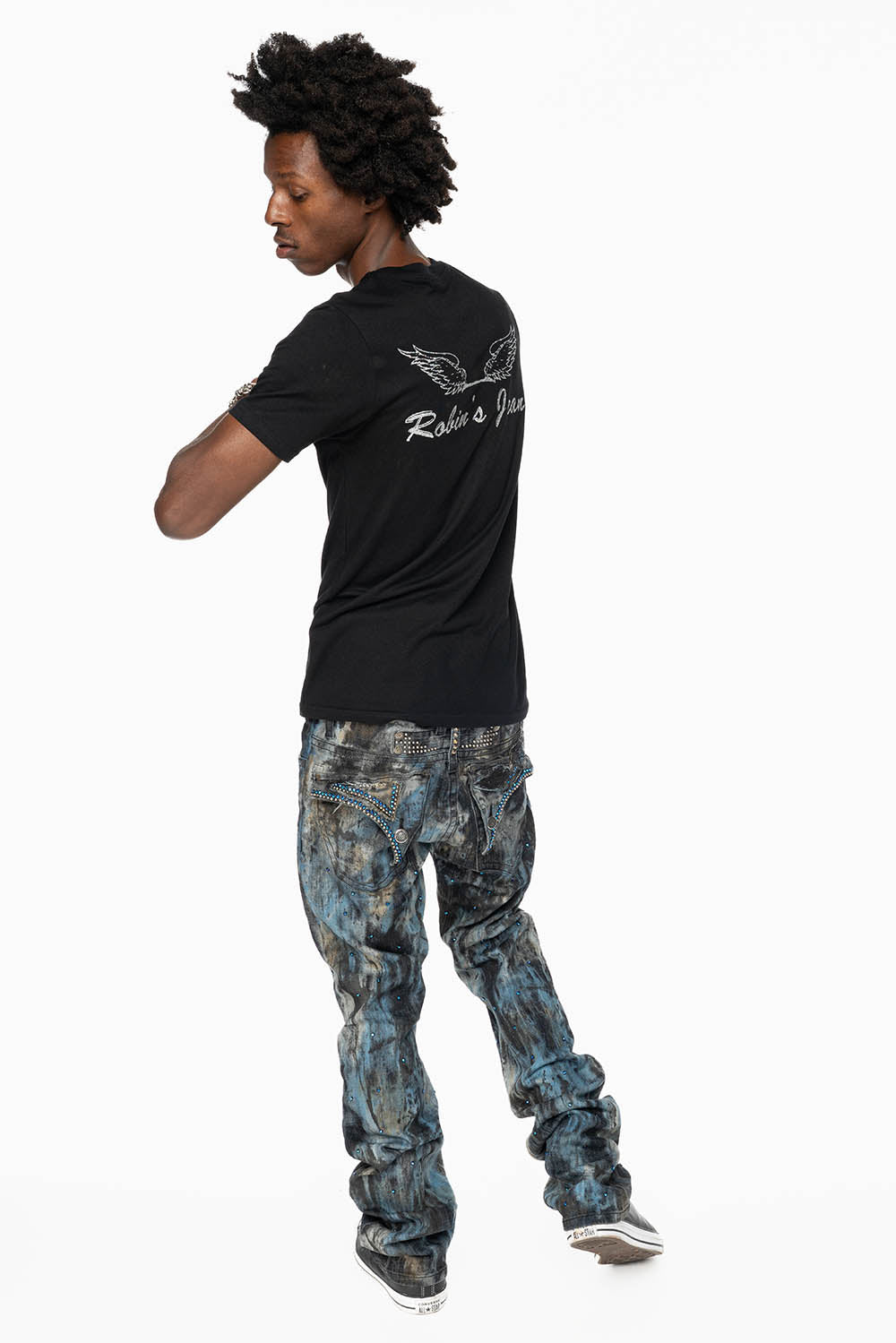 MENS LONG FLAP BOOT CUT JEANS IN BABA BLUE WASH WITH CRYSTALS AND STUDS