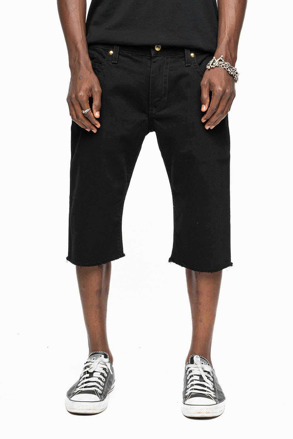 MENS SHORT WITH FLAP POCKETS IN PURE BLK WASH WITH  SMOKEY TOPAZ CRYSTALS AND PARACHUTE STUDS
