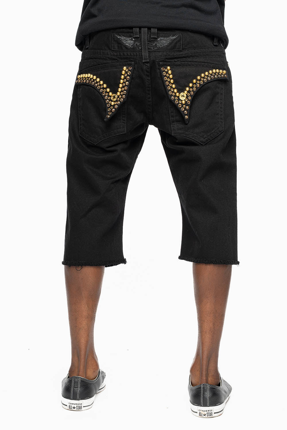 MENS SHORT WITH FLAP POCKETS IN PURE BLK WASH WITH  SMOKEY TOPAZ CRYSTALS AND PARACHUTE STUDS