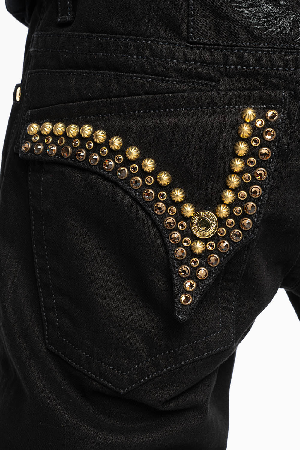 MENS SHORT WITH FLAP POCKETS IN PURE BLK WASH WITH  SMOKEY TOPAZ CRYSTALS AND PARACHUTE STUDS
