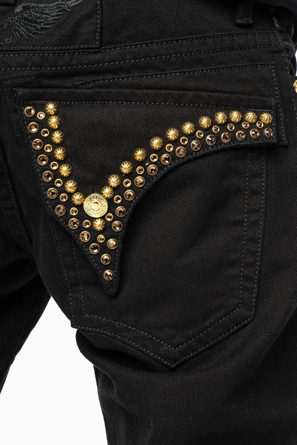 MENS SHORT WITH FLAP POCKETS IN PURE BLK WASH WITH  SMOKEY TOPAZ CRYSTALS AND PARACHUTE STUDS