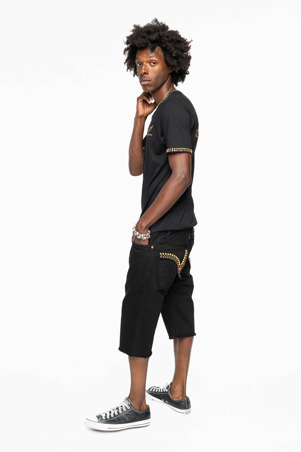 MENS SHORT WITH FLAP POCKETS IN PURE BLK WASH WITH  SMOKEY TOPAZ CRYSTALS AND PARACHUTE STUDS
