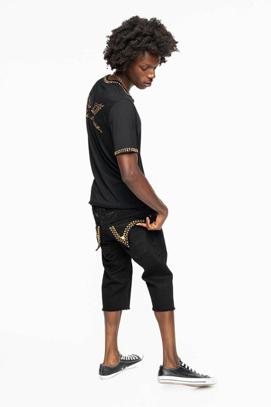 MENS SHORT WITH FLAP POCKETS IN PURE BLK WASH WITH  SMOKEY TOPAZ CRYSTALS AND PARACHUTE STUDS