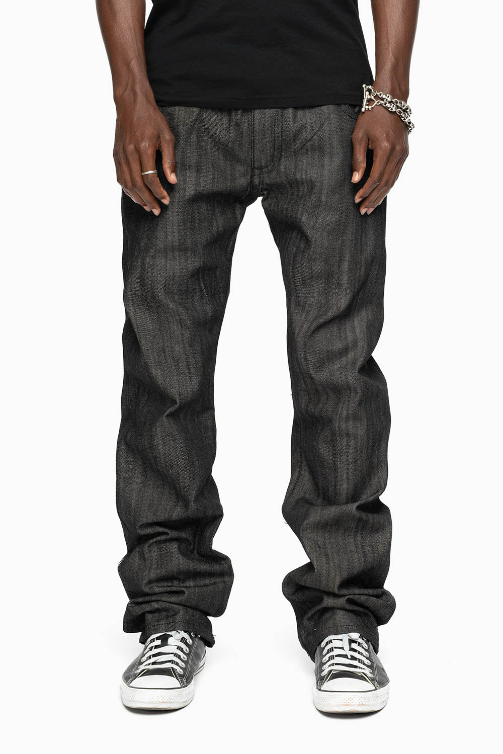 ROBIN’S  5 POCKET STRAIGHT LEG JEANS IN RAW BLK DENIM  WITH CRYSTALS