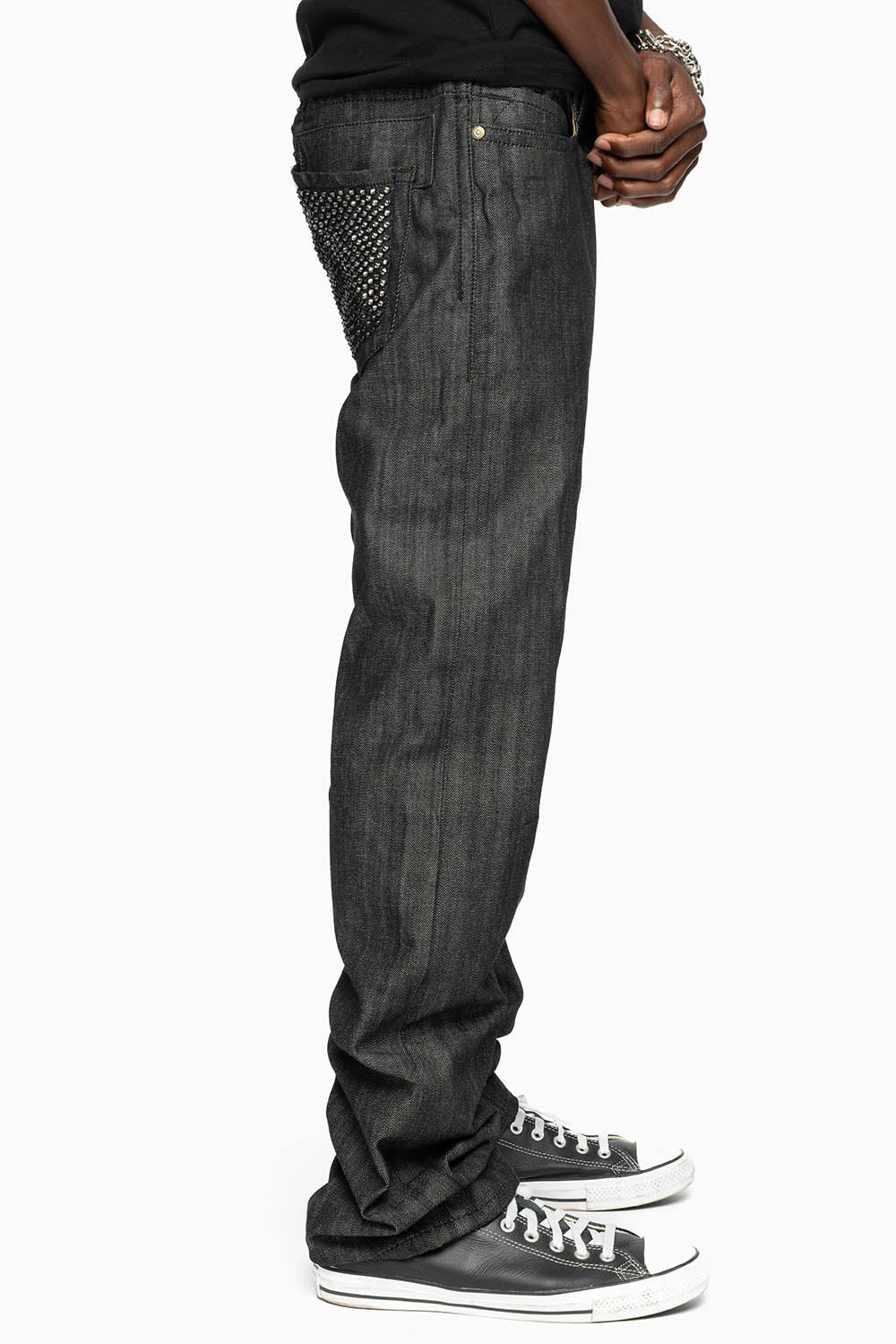 ROBIN’S  5 POCKET STRAIGHT LEG JEANS IN RAW BLK DENIM  WITH CRYSTALS
