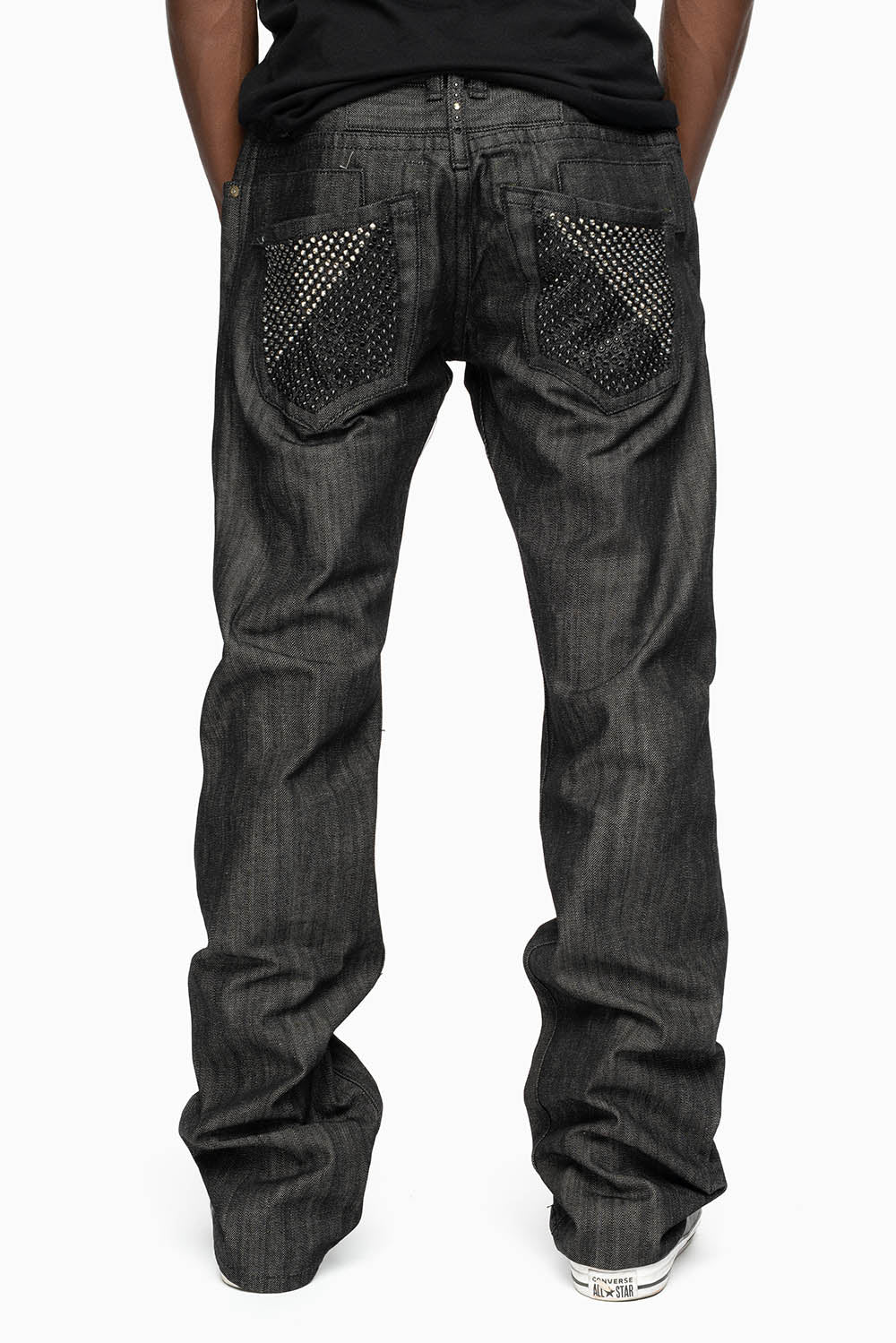 ROBIN’S  5 POCKET STRAIGHT LEG JEANS IN RAW BLK DENIM  WITH CRYSTALS