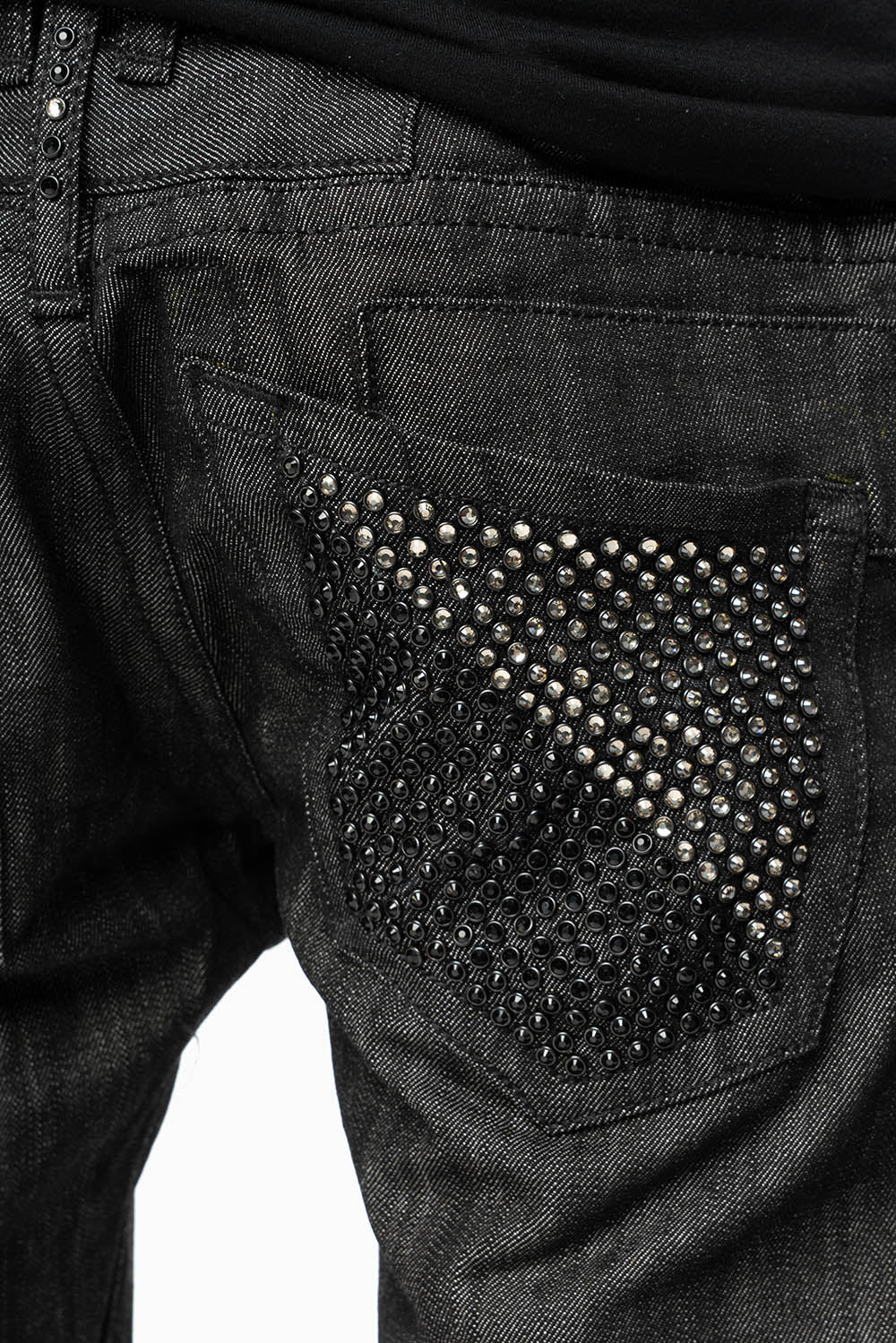 ROBIN’S  5 POCKET STRAIGHT LEG JEANS IN RAW BLK DENIM  WITH CRYSTALS