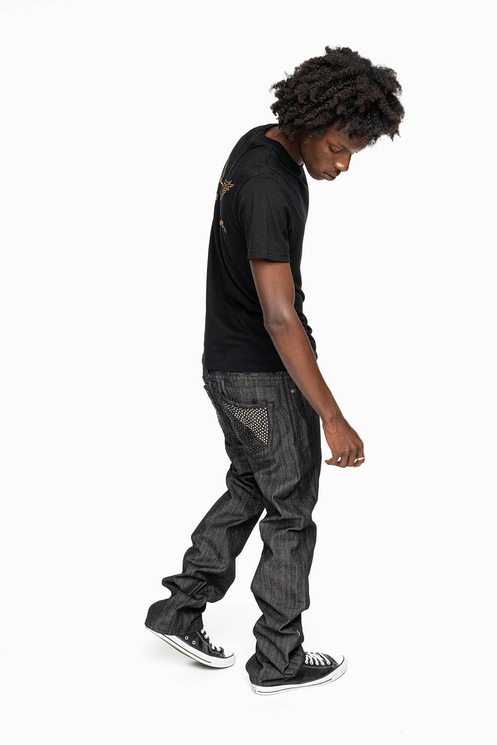 ROBIN’S  5 POCKET STRAIGHT LEG JEANS IN RAW BLK DENIM  WITH CRYSTALS