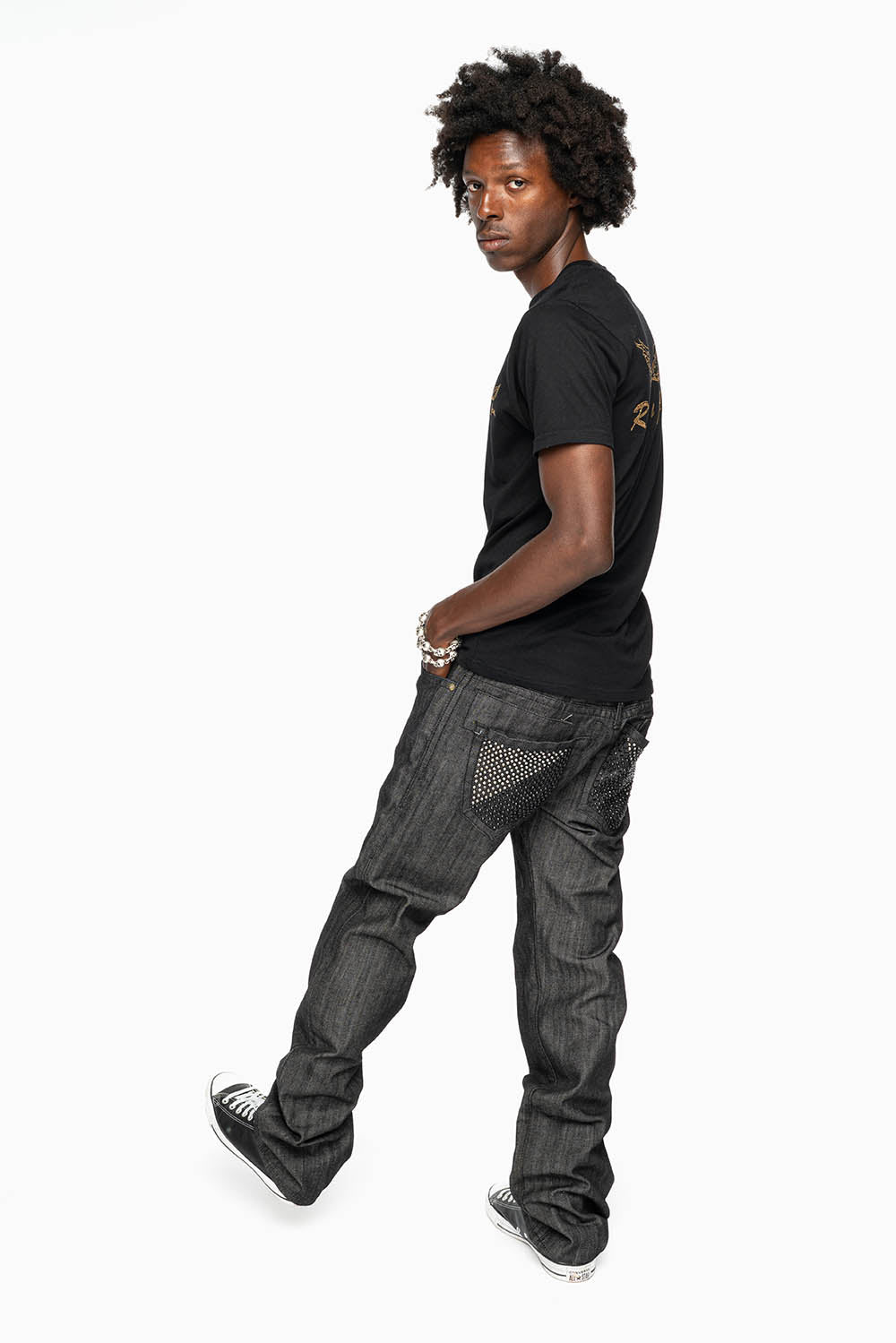 ROBIN’S  5 POCKET STRAIGHT LEG JEANS IN RAW BLK DENIM  WITH CRYSTALS
