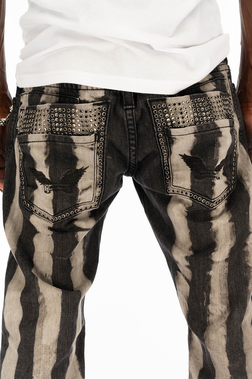 MENS DOUBLE BACK POCKET PRISONER BLACK WASH JEANS WITH EMBELLISHMENT