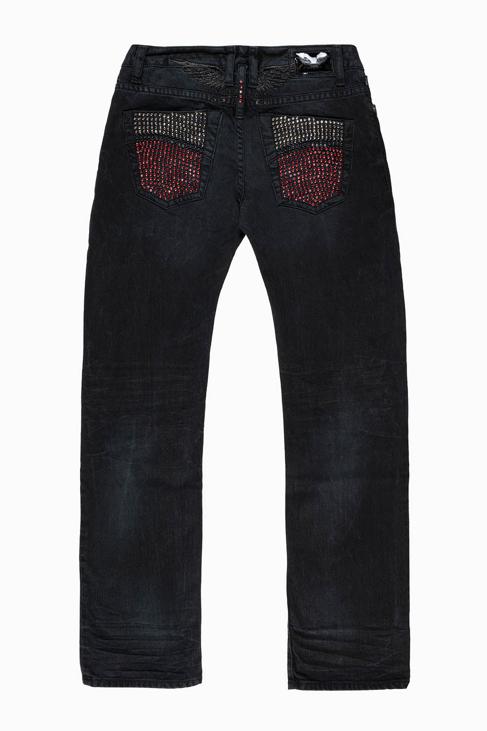 ROBIN'S STRAIGHT LEG JEANS IN VINTAGE BLACK BROKEN WASH WITH FULL EMBELLISHED BACK POCKETS WITH  CRYSTALS