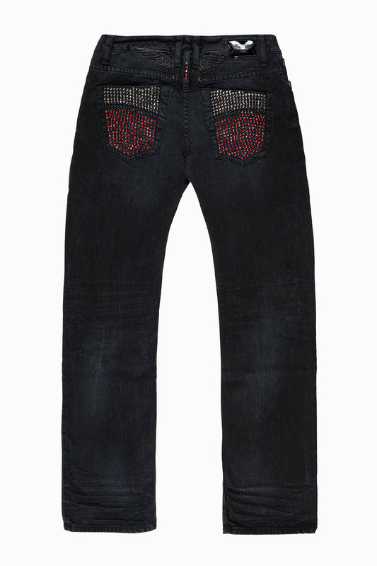 ROBIN'S STRAIGHT LEG JEANS IN VINTAGE BLACK BROKEN WASH WITH FULL EMBELLISHED BACK POCKETS WITH  CRYSTALS