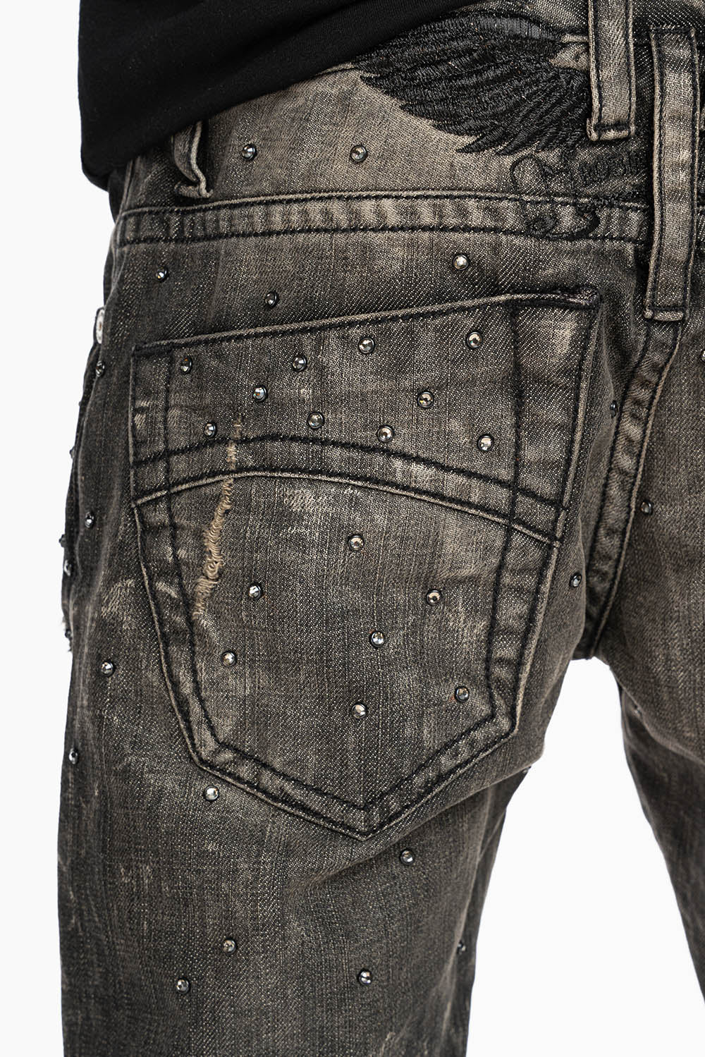STRAIGHT LEG JEANS IN CHARCOAL MODOC BROKEN WASH EMBELLISHED ALL OVER WITH CRYSTALS