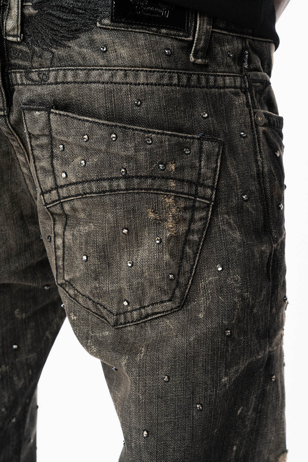 STRAIGHT LEG JEANS IN CHARCOAL MODOC BROKEN WASH EMBELLISHED ALL OVER WITH CRYSTALS