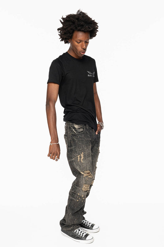 STRAIGHT LEG JEANS IN CHARCOAL MODOC BROKEN WASH EMBELLISHED ALL OVER WITH CRYSTALS