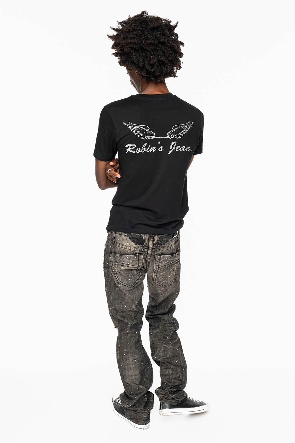 STRAIGHT LEG JEANS IN CHARCOAL MODOC BROKEN WASH EMBELLISHED ALL OVER WITH CRYSTALS