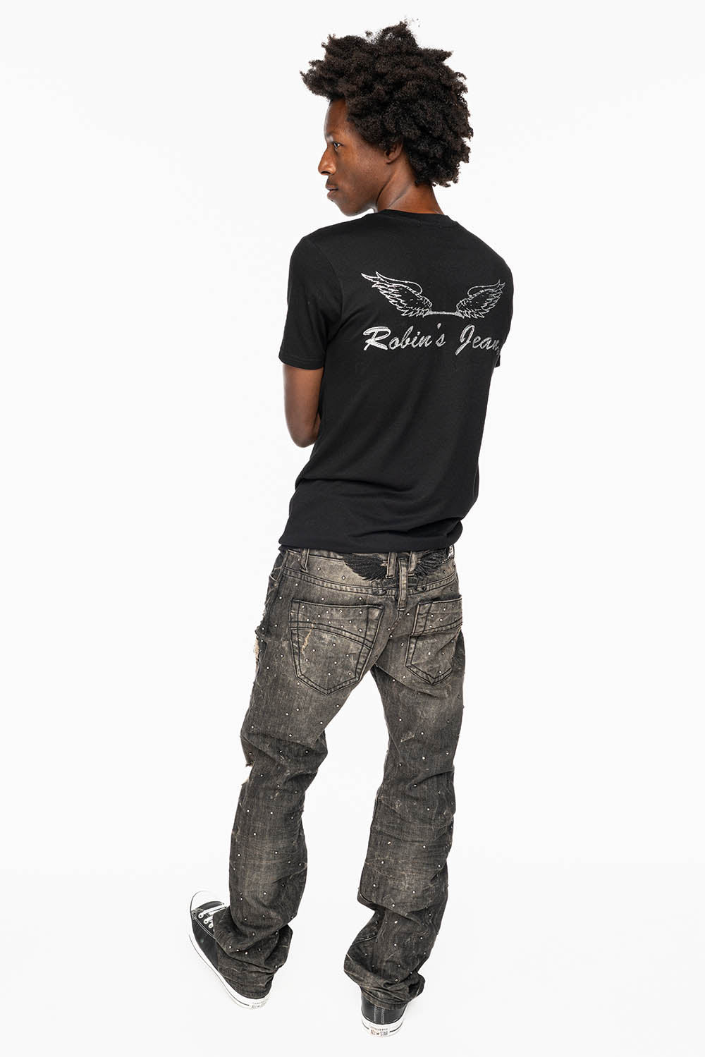 STRAIGHT LEG JEANS IN CHARCOAL MODOC BROKEN WASH EMBELLISHED ALL OVER WITH CRYSTALS