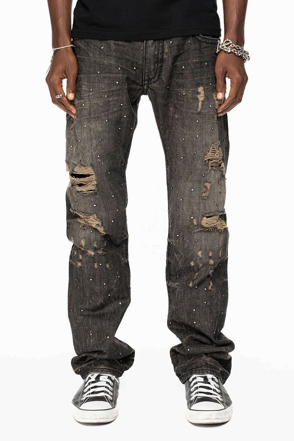 STRAIGHT LEG JEANS IN CHARCOAL MODOC BROKEN WASH EMBELLISHED ALL OVER WITH CRYSTALS