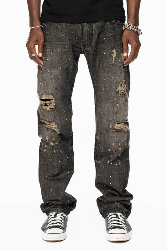 STRAIGHT LEG JEANS IN CHARCOAL MODOC BROKEN WASH EMBELLISHED ALL OVER WITH CRYSTALS