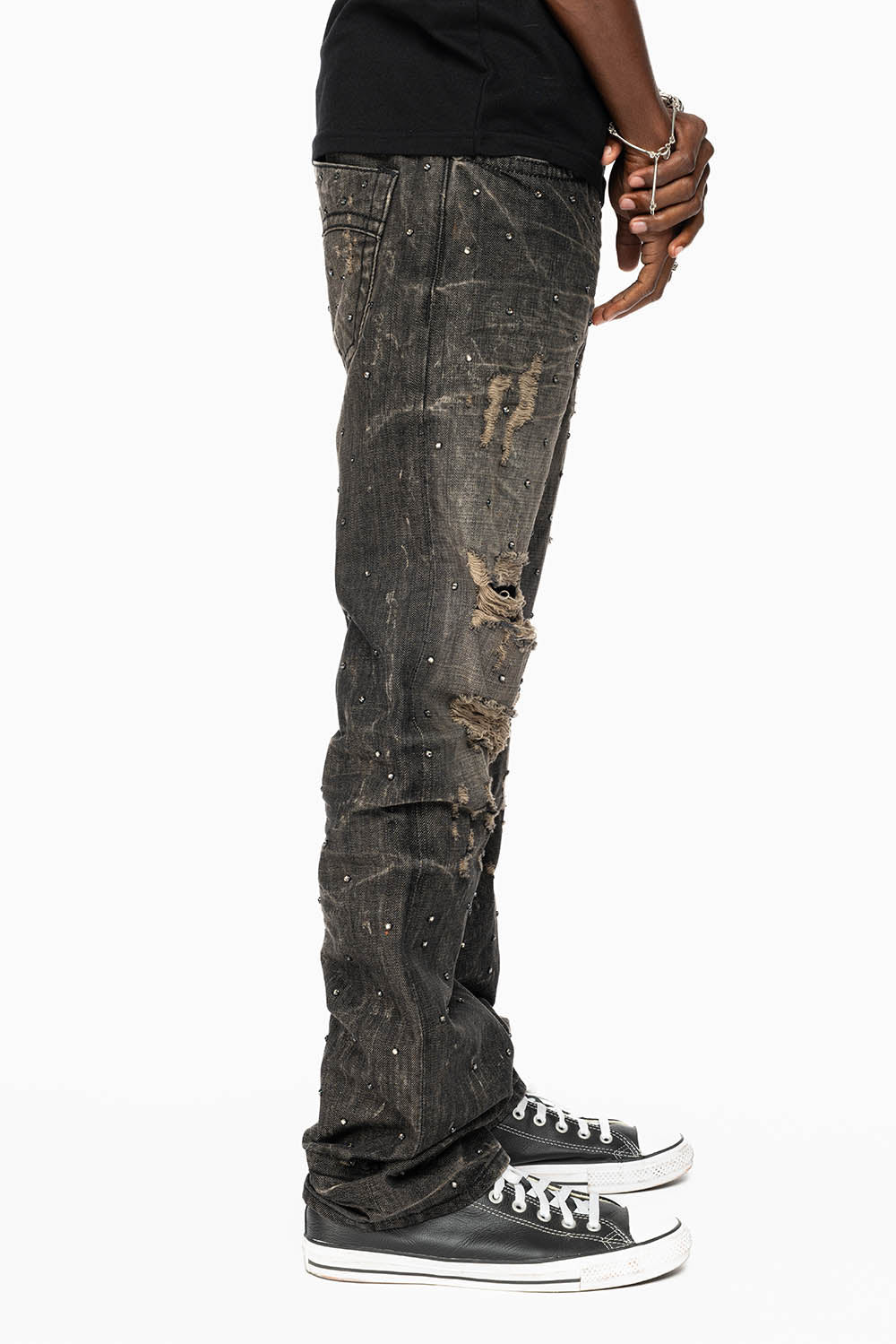 STRAIGHT LEG JEANS IN CHARCOAL MODOC BROKEN WASH EMBELLISHED ALL OVER WITH CRYSTALS