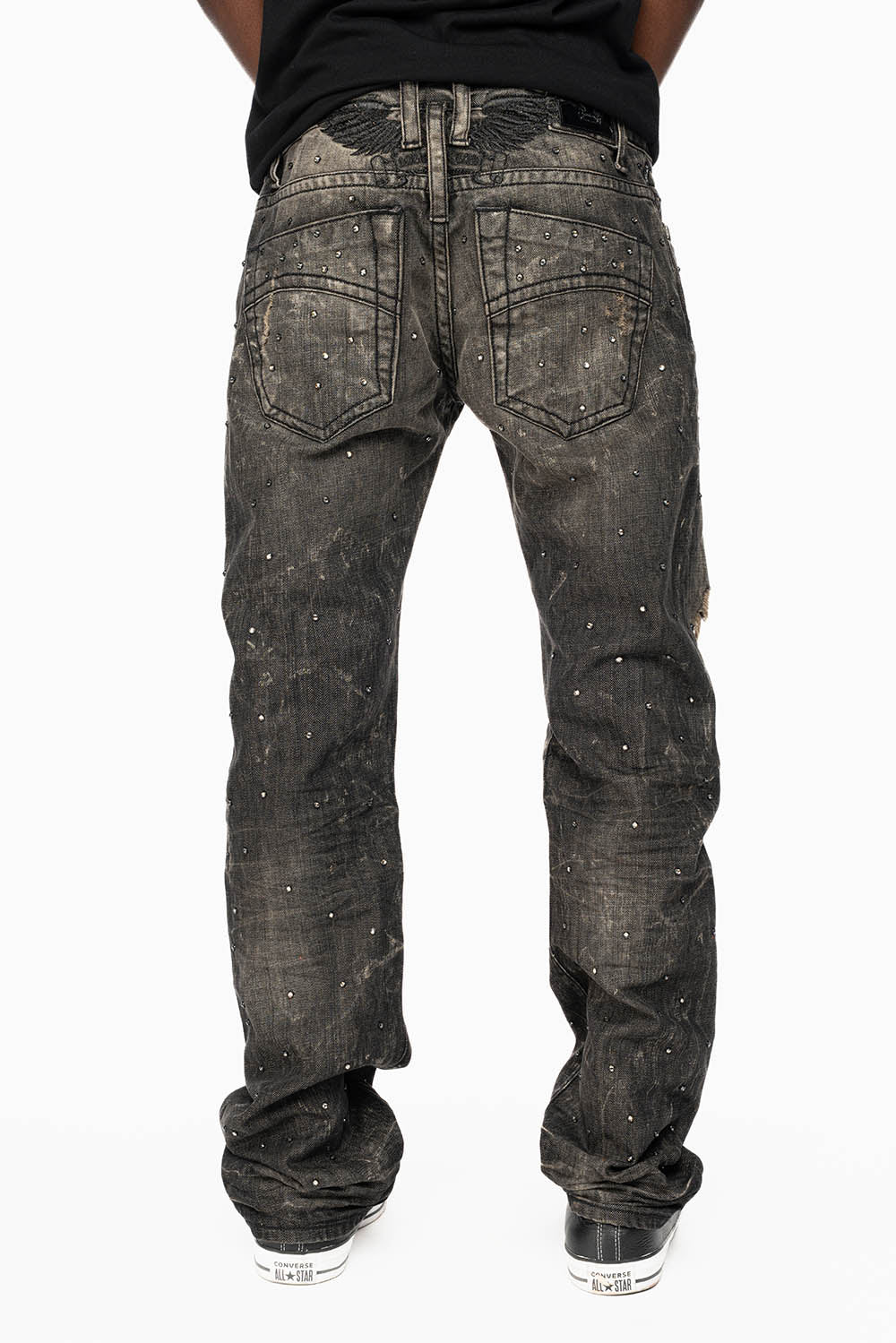 STRAIGHT LEG JEANS IN CHARCOAL MODOC BROKEN WASH EMBELLISHED ALL OVER WITH CRYSTALS