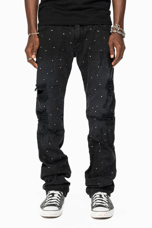 ROBIN'S STRAIGHT LEG JEANS IN VINTAGE BLACK BROKEN WASH  EMBELLISHED  ALLOVER WITH CRYSTALS