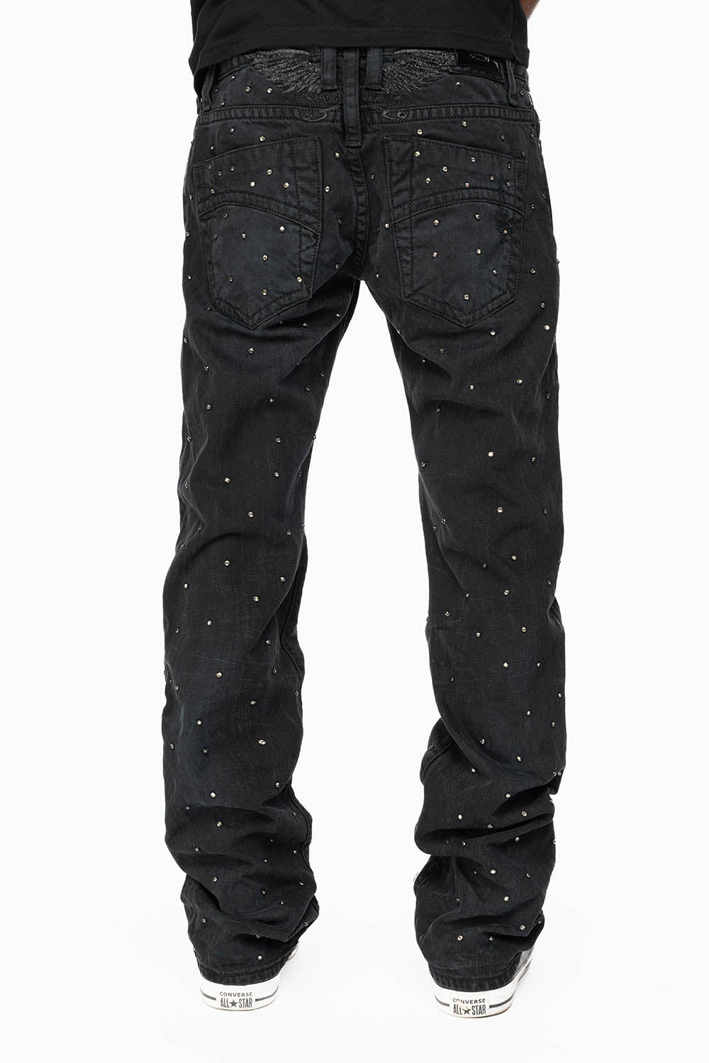 ROBIN'S STRAIGHT LEG JEANS IN VINTAGE BLACK BROKEN WASH  EMBELLISHED  ALLOVER WITH CRYSTALS