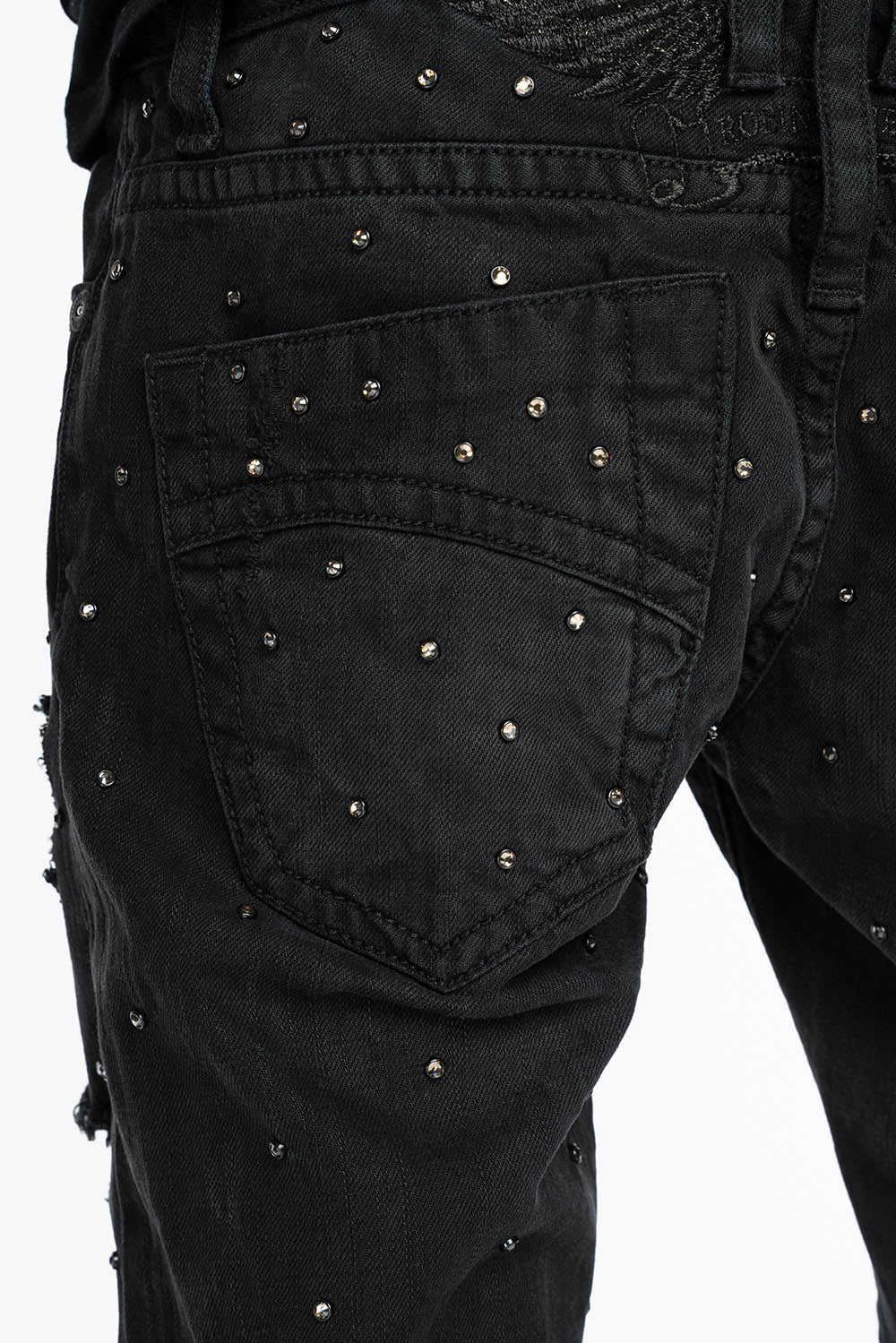 ROBIN'S STRAIGHT LEG JEANS IN VINTAGE BLACK BROKEN WASH  EMBELLISHED  ALLOVER WITH CRYSTALS
