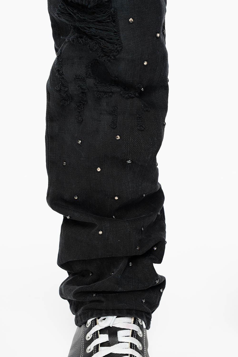 ROBIN'S STRAIGHT LEG JEANS IN VINTAGE BLACK BROKEN WASH  EMBELLISHED  ALLOVER WITH CRYSTALS