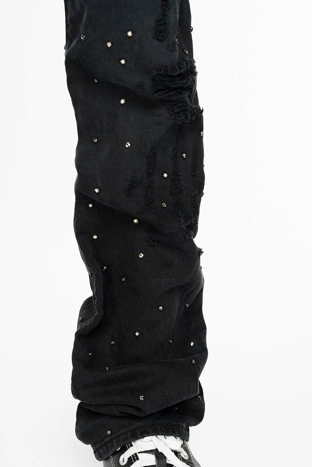 ROBIN'S STRAIGHT LEG JEANS IN VINTAGE BLACK BROKEN WASH  EMBELLISHED  ALLOVER WITH CRYSTALS