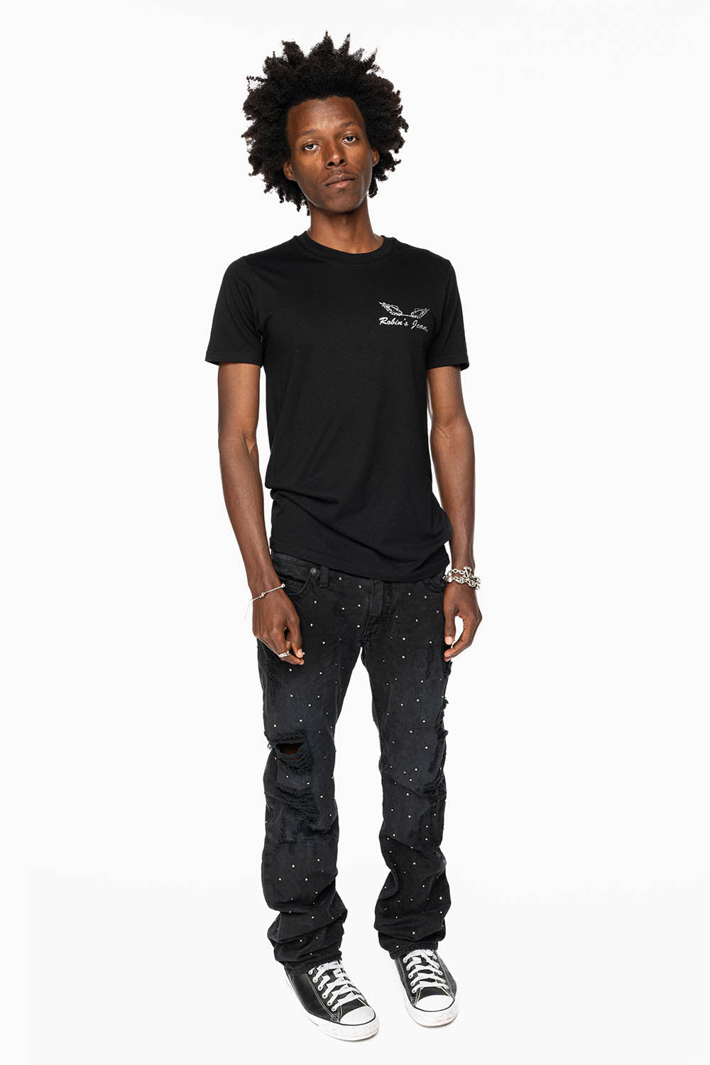 ROBIN'S STRAIGHT LEG JEANS IN VINTAGE BLACK BROKEN WASH  EMBELLISHED  ALLOVER WITH CRYSTALS