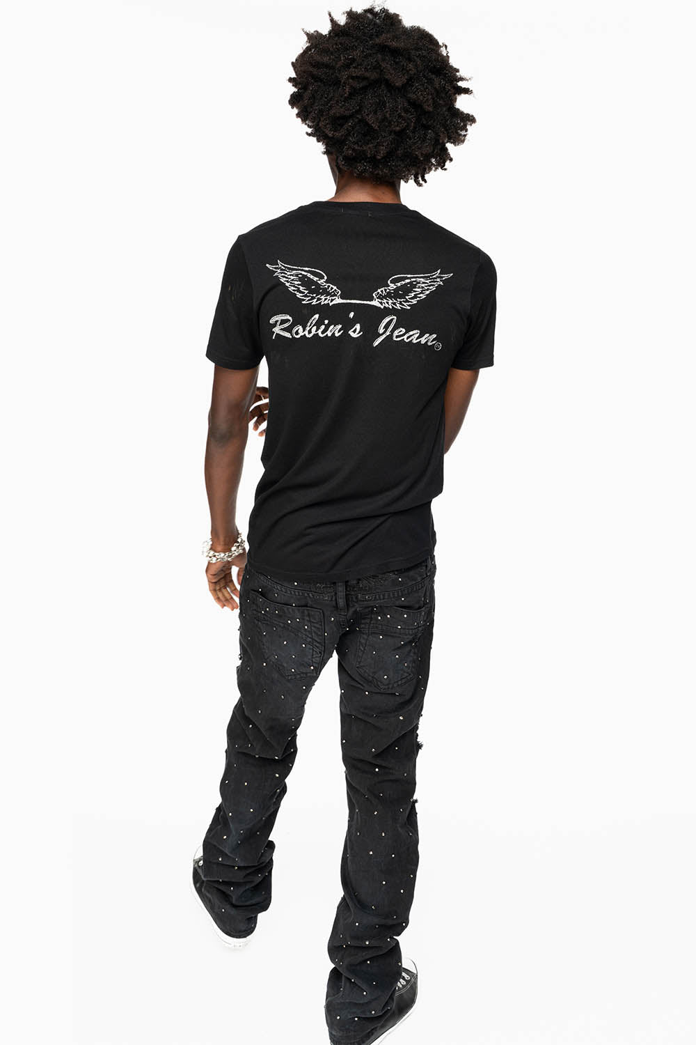 ROBIN'S STRAIGHT LEG JEANS IN VINTAGE BLACK BROKEN WASH  EMBELLISHED  ALLOVER WITH CRYSTALS