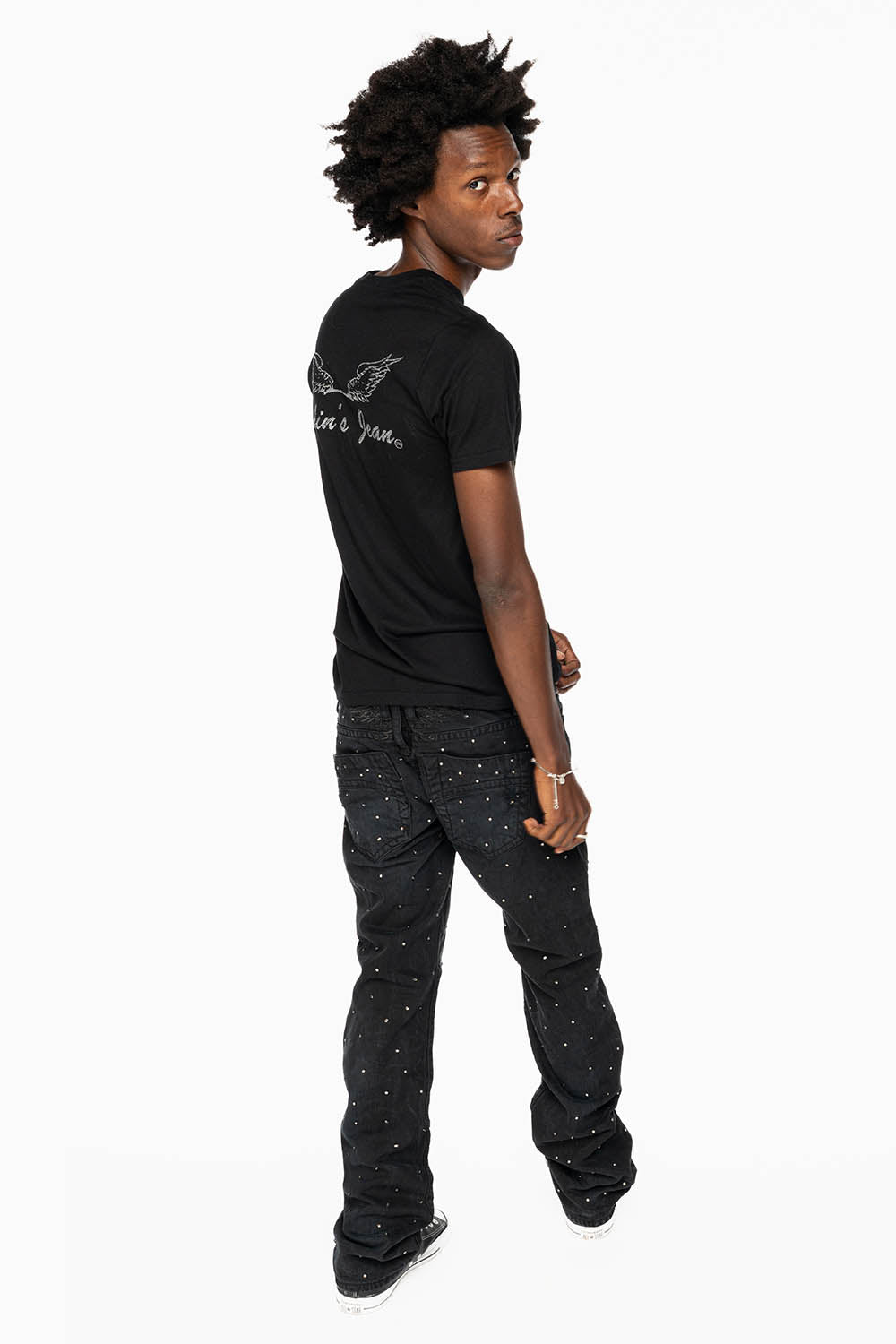 ROBIN'S STRAIGHT LEG JEANS IN VINTAGE BLACK BROKEN WASH  EMBELLISHED  ALLOVER WITH CRYSTALS